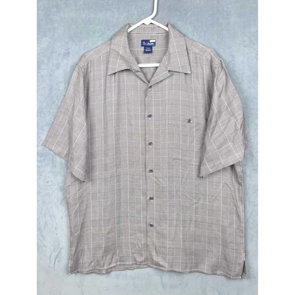 Paul Fredrick Mens Gray Glen Plaid 100% Silk Short Sleeve Camp Shirt Large